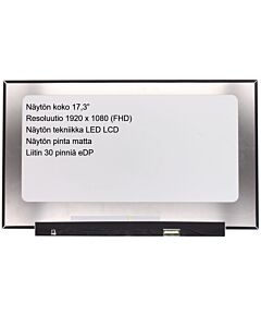 17,3" eDP näyttöpaneeli, FHD (1920x1080) kapeareunainen (Nano, Micro, ym), 60Hz, 30-pin liitin, IPS, matta, ei kiinnityskorvia