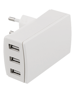 DELTACO seinälaturi, 230 V - 5 V USB, 3,4 A, 3 USB-A-porttia, valkoinen