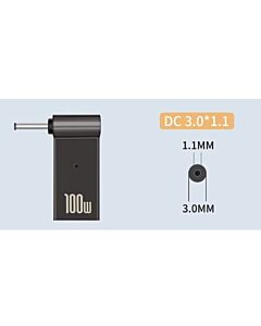 Adapteri USB-C PD laturiin: USB-C naaras - uros 3.0x1.1mm HP, max. teho 100W