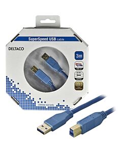 USB 3.0 kaapeli, A-tyyppi uros - B-tyyppi uros, kullatut liittimet, kuparijohtimet, 3m, sininen